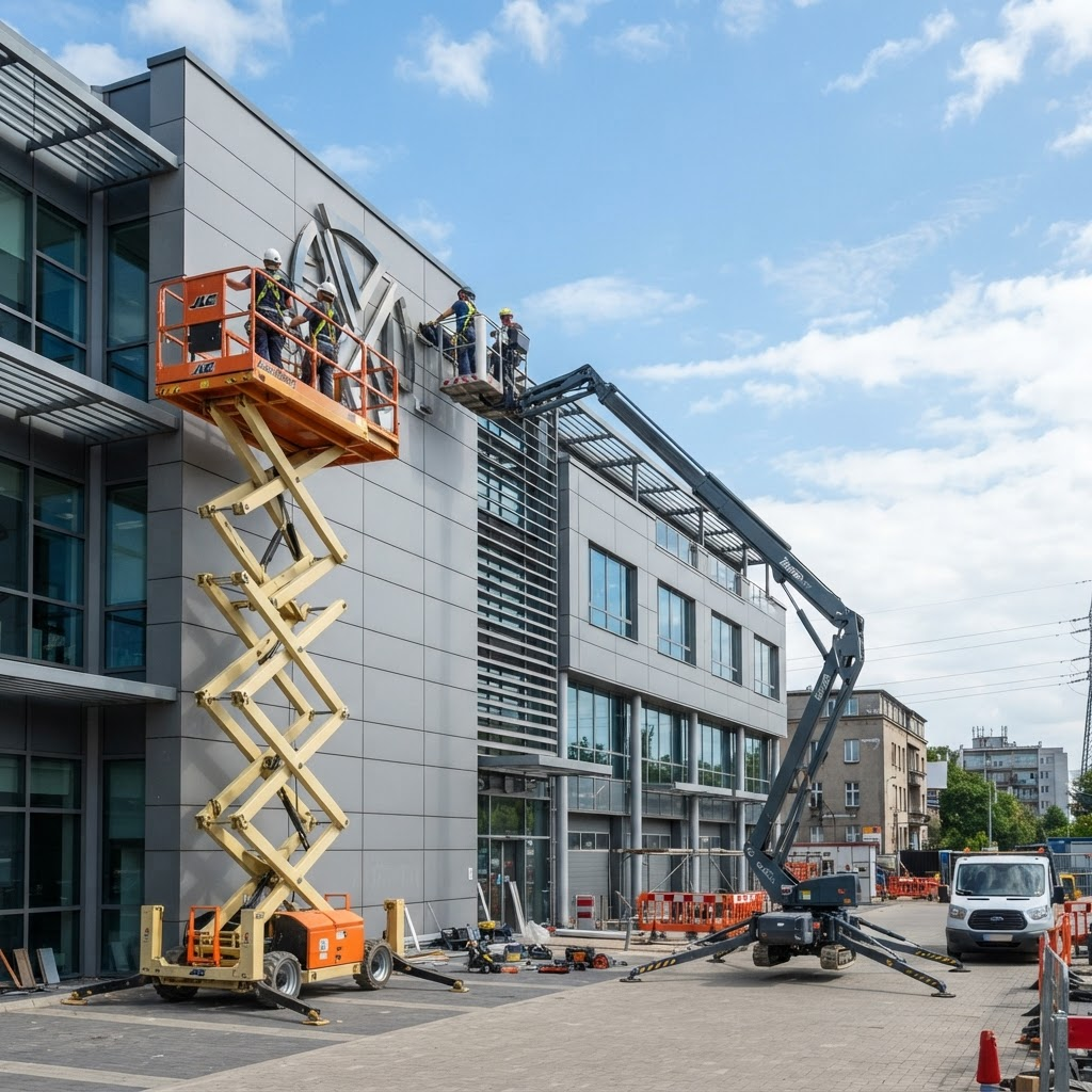 Scheren-Hebebühne und Raupen-Hebebühne im Einsatz an einer Fassade