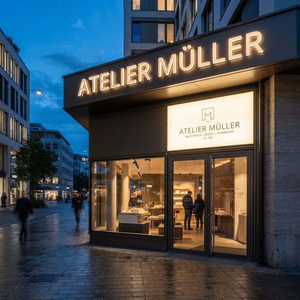 Beleuchtete Fassade mit Leuchtkasten und 3D-Leuchtbuchstaben in der Dämmerung